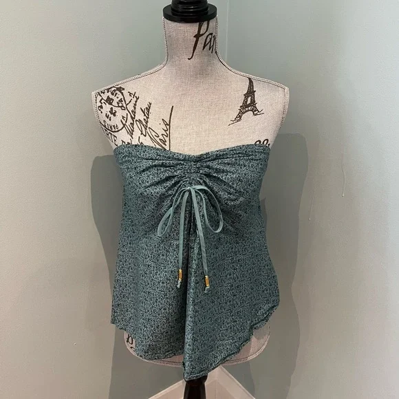 Anthro Maeve Teal Hieroglyphics Tube Top, 8 - Picture 4 of 13